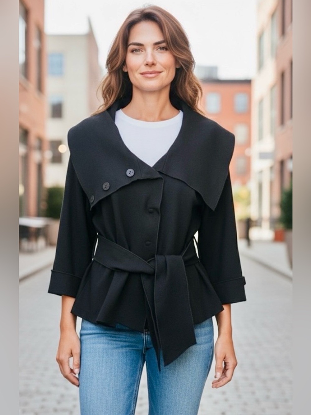Cache Women Black Jacket Size Large With Snap Buttons, belted with large Collar